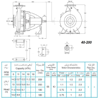 ابعاد و اندازه الکترو پمپ پمپیران مدل 200-40 با الکتروموتور 1.5 اسب 1450 دور