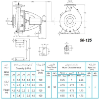 ابعاد و اندازه الکترو پمپ پمپیران مدل 125-50 با الکتروموتور 0.75 اسب 1450 دور