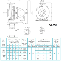 ابعاد و اندازه الکترو پمپ پمپیران مدل 250-50 با الکتروموتور 3 اسب 1450 دور