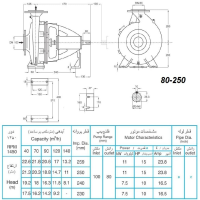 ابعاد و اندازه الکترو پمپ پمپیران مدل 250-80 با الکتروموتور 15 اسب 1450 دور