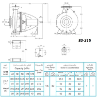 ابعاد و اندازه الکترو پمپ پمپیران مدل 315-80 با الکتروموتور 20 اسب 1450 دور