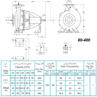 ابعاد و اندازه الکترو پمپ پمپیران مدل 400-80 با الکتروموتور 41 اسب 1450 دور