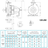 ابعاد و اندازه الکترو پمپ پمپیران مدل 250-125 با الکتروموتور 20 اسب 1450 دور
