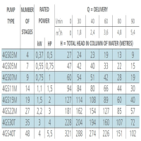 جدول توان پمپ شناور استیل لورا 4GS07M