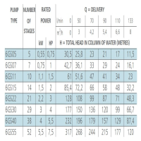 جدول توان پمپ شناور استیل لورا 6GS15M